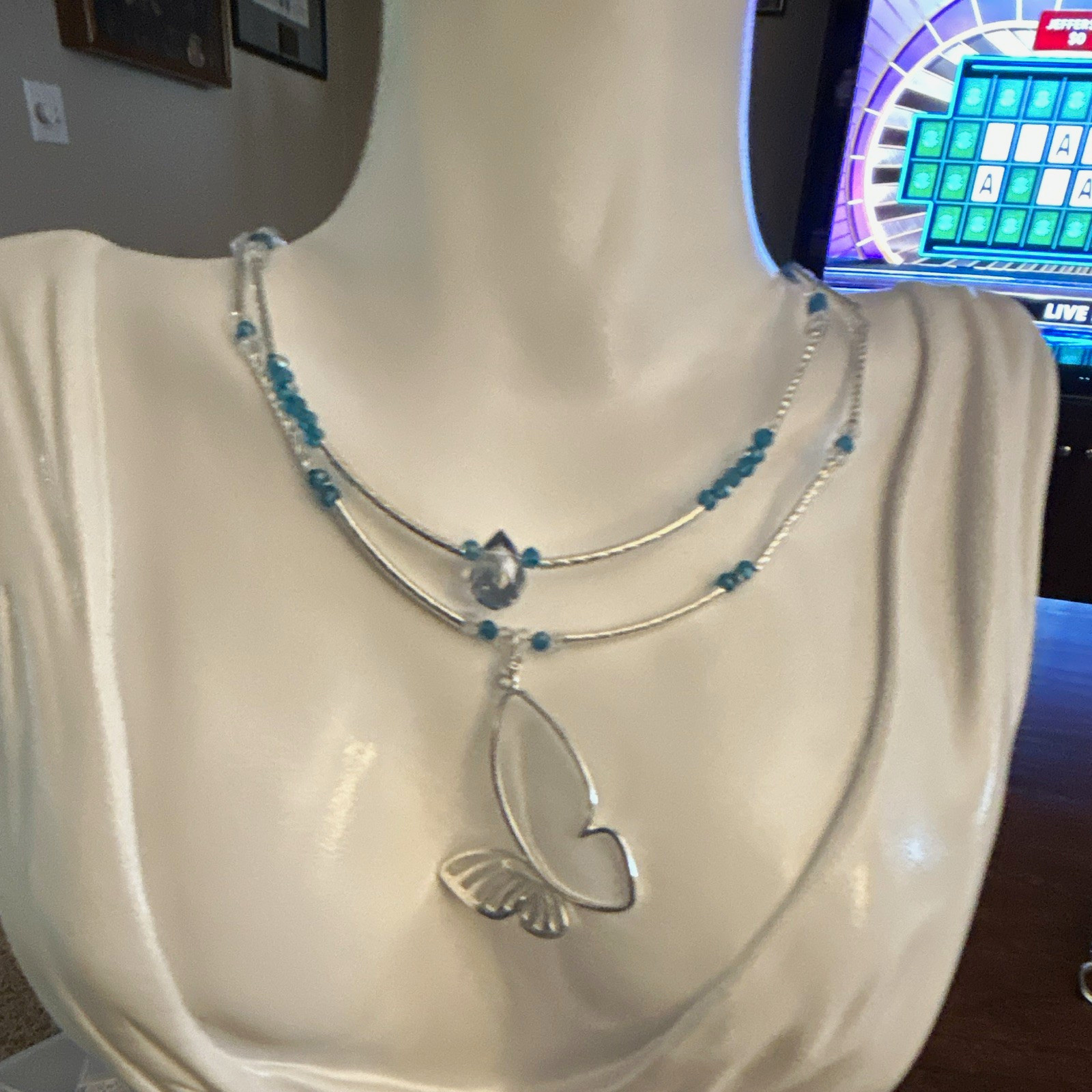Silver Tone Layered Cable Chain Butterfly Charm Pendant Necklace Blue Crystals