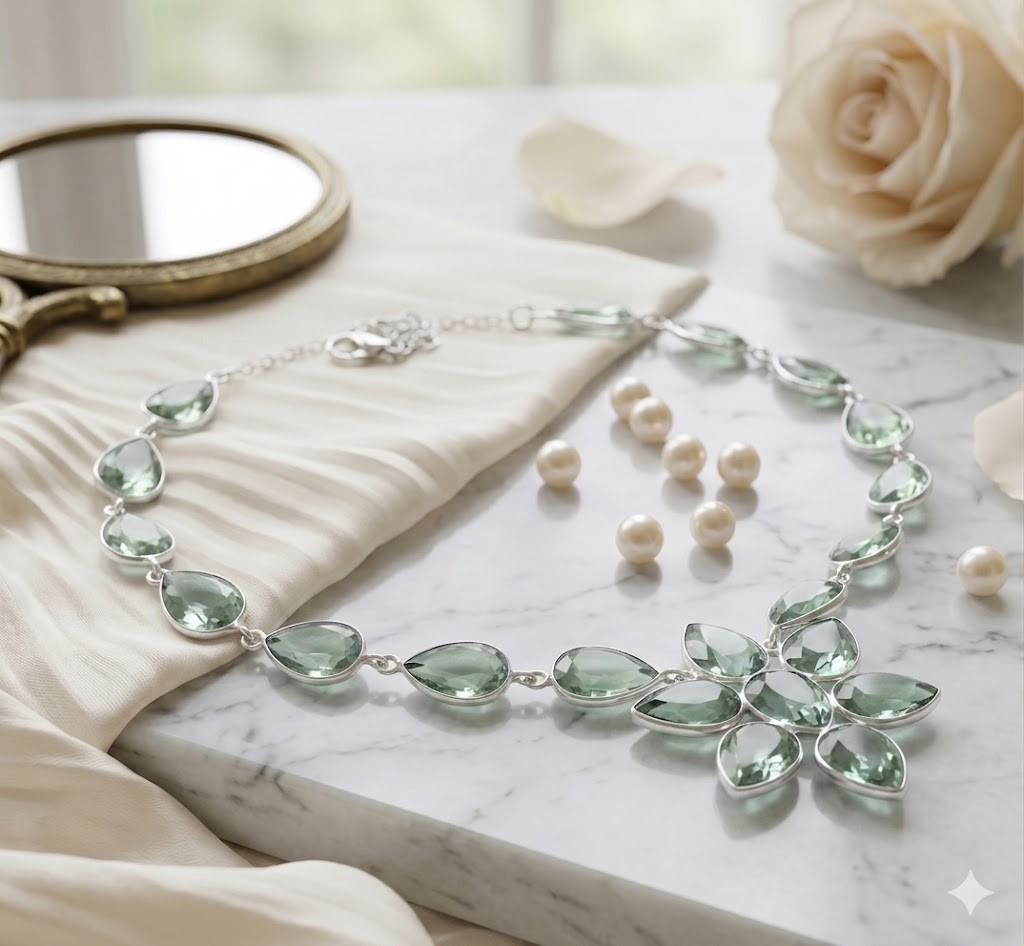 925 Sterling Silver Green Amethyst Gemstone Handmade Jewelry Necklace Size-18″