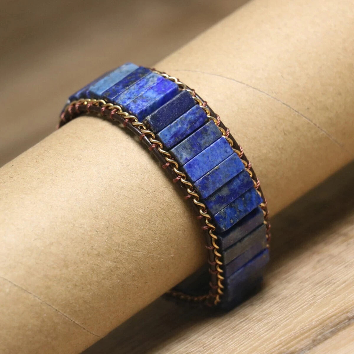 Natural Lapis Lazuli Tube Beads Braided Leather Bracelet Adjustable Unisex Gift