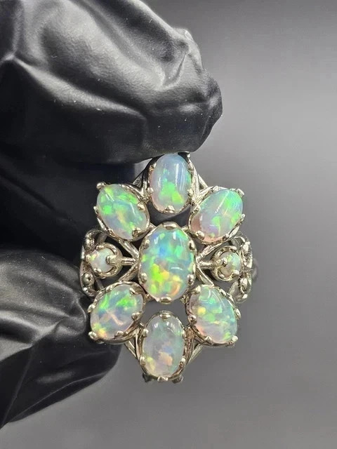 3Ct Oval Cut Natural Fire Opal Women’s Cluster Floral Ring 14K White Gold Plated