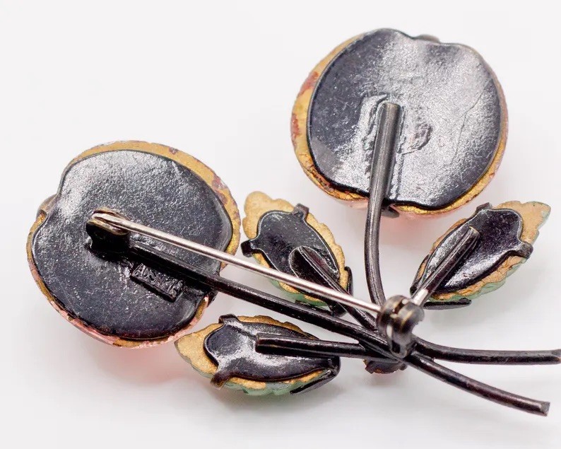 Vintage 50s Signed Austria Double Glossy Glass Cherry Brooch Pin