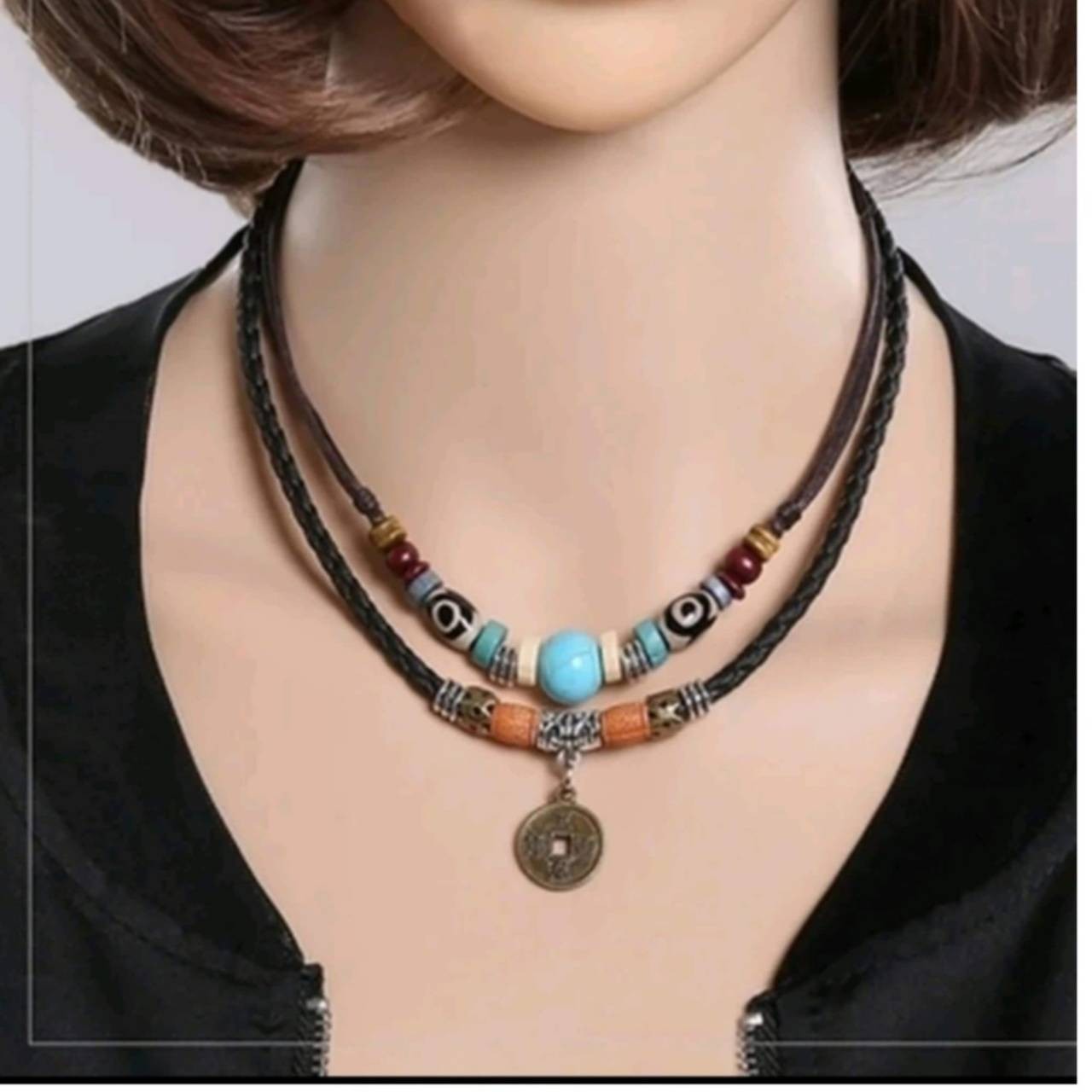 Bohemian Layered Necklace Turquoise Beaded Coin Pendant Adjustable