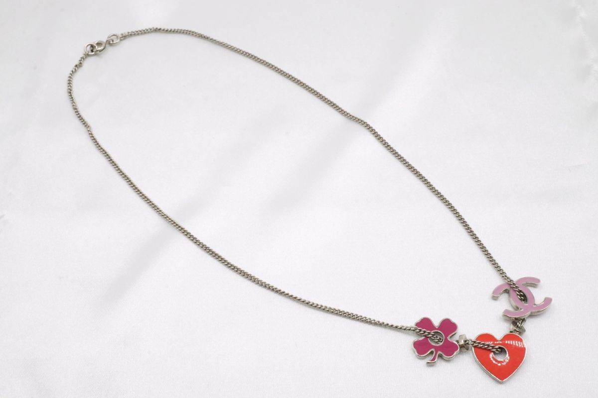 CHANEL 04P Necklace Coco Mark Heart Clover Accessory Silver Pink Red 7151j