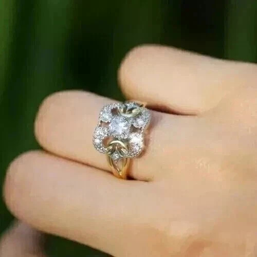 Vintage Art Deco Style Round Lab Created Diamond Engagement 14K Gold Finish Ring