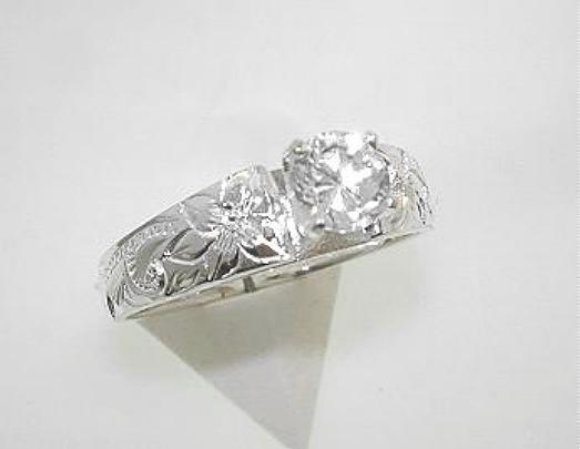 SOLID 925 SILVER ENGRAVED HAWAIIAN HERITAGE SCROLLS 0.75CTS CZ FRENCH MOUNT RING
