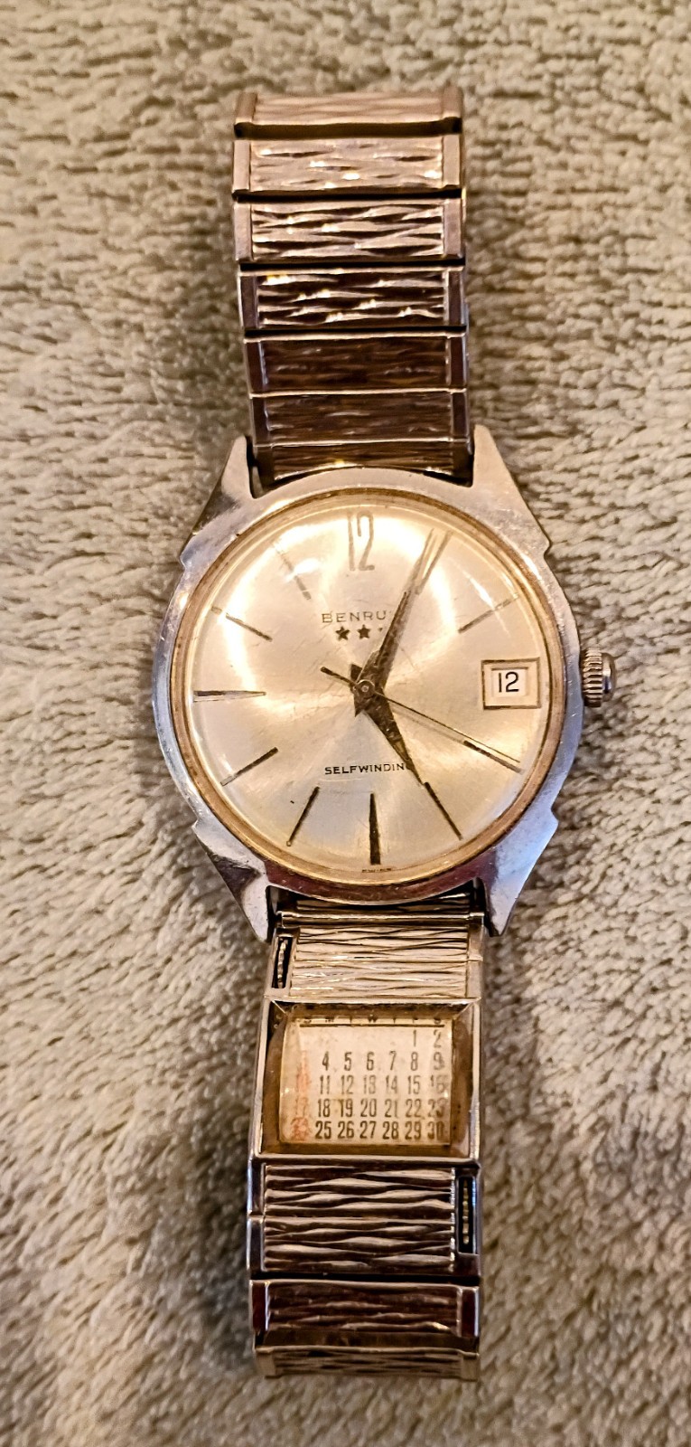 Vintage Date Adjust BENRUS 3 STAR Manual Wind Speidel Calendar band S/S Working