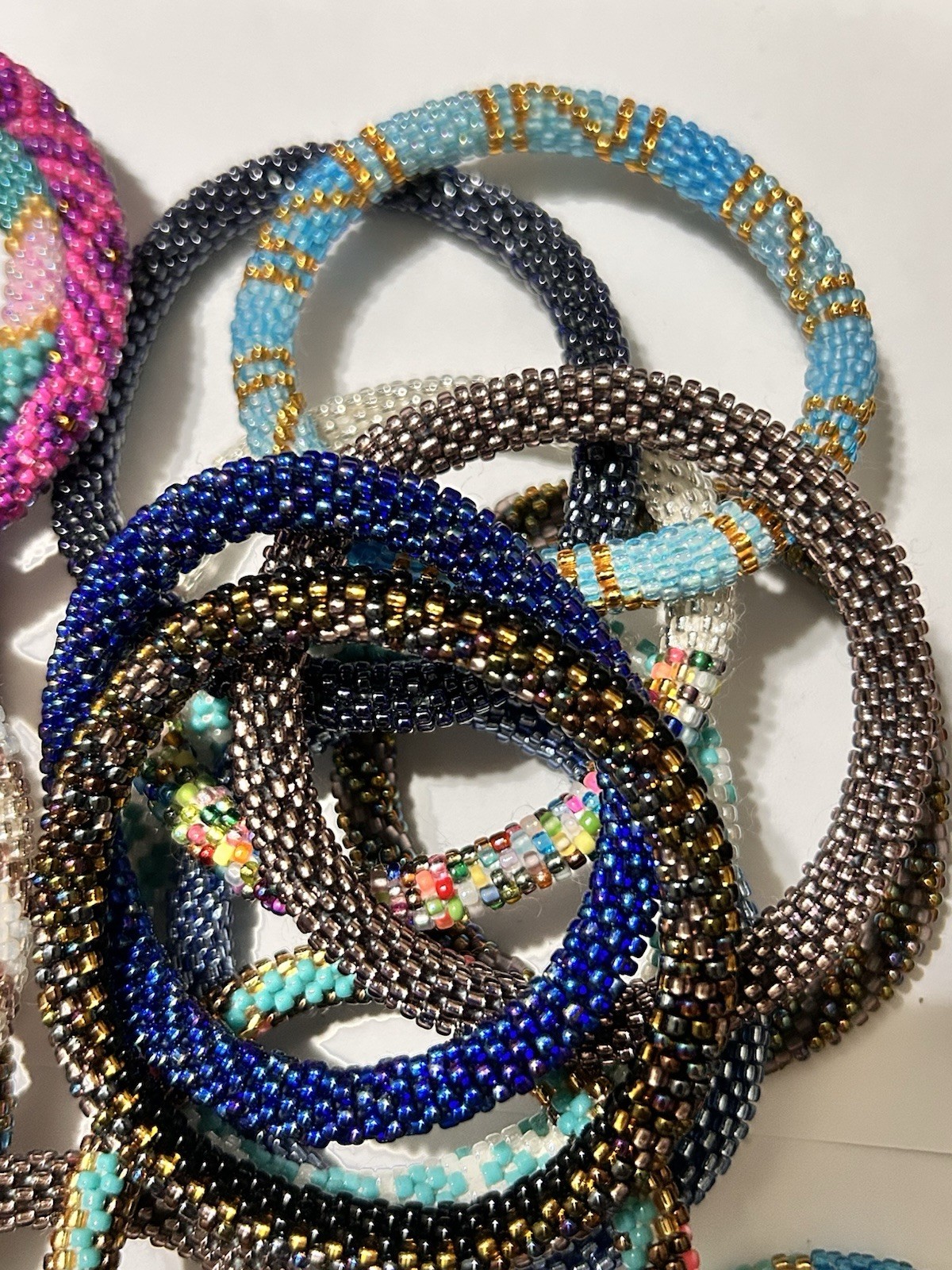 3 Sashka Co Nepalese Roll On Crochet Glass Bead Bracelets Original Size, Random