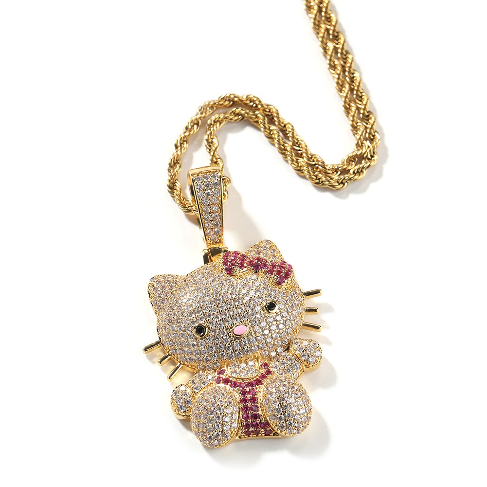 White Gold Plated 5A Iced Out Hello Kitty Pendant Men Chain Cartoon Jewelry Gift
