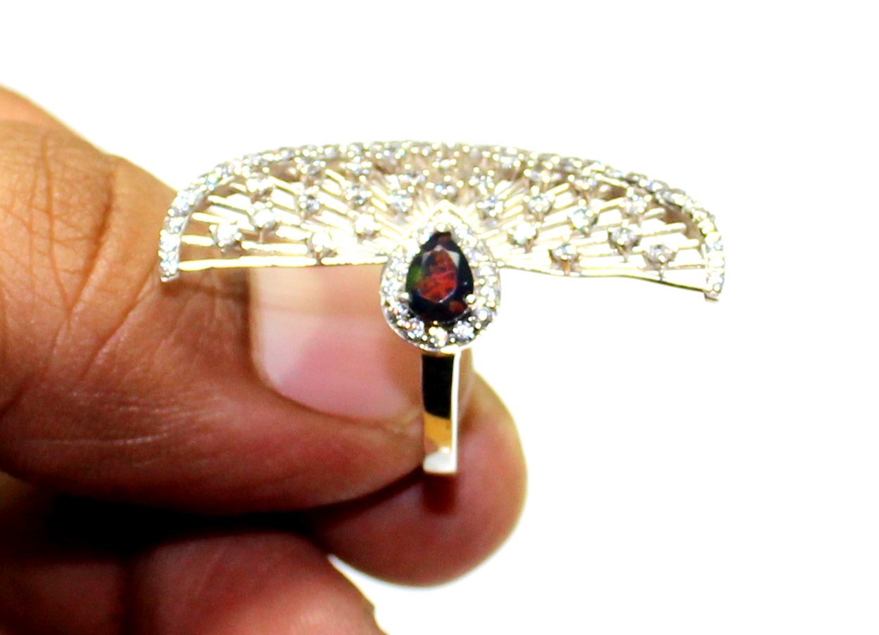 Natural Black Opal Ring, Eagle Wings Sterling Silver Ring, October Birthstone