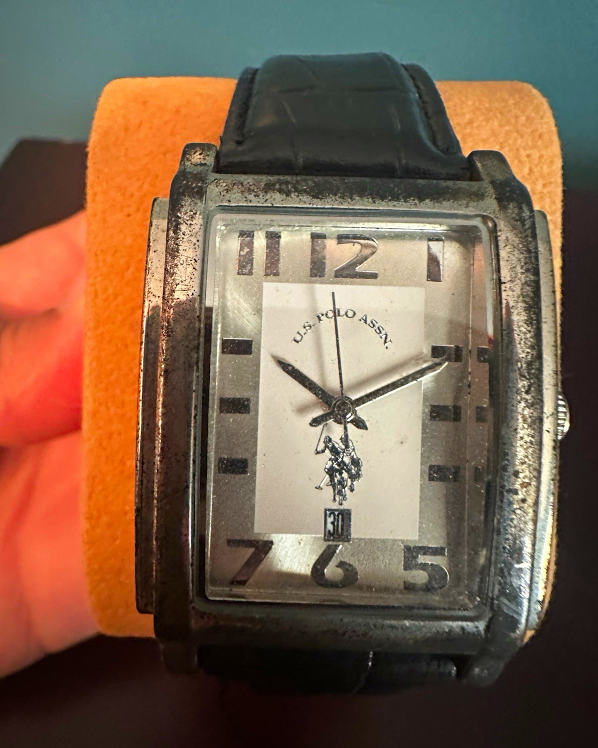U.S. Polo Assn. Rectangular Quartz Watch Date Black Leather Strap