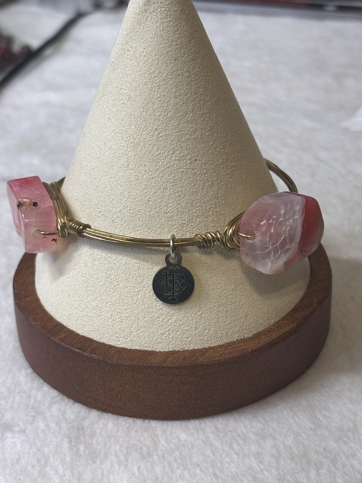 Bourbon & Bowties Gold Plated Wire Wrapped Pink Dyed Quartz Bangle Bracelet
