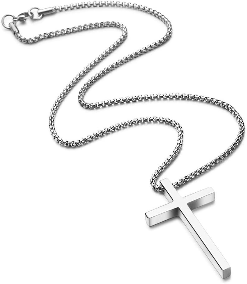 Cross Necklace for Men,Silver Stainless Steel Plain Cross Pendant Necklace