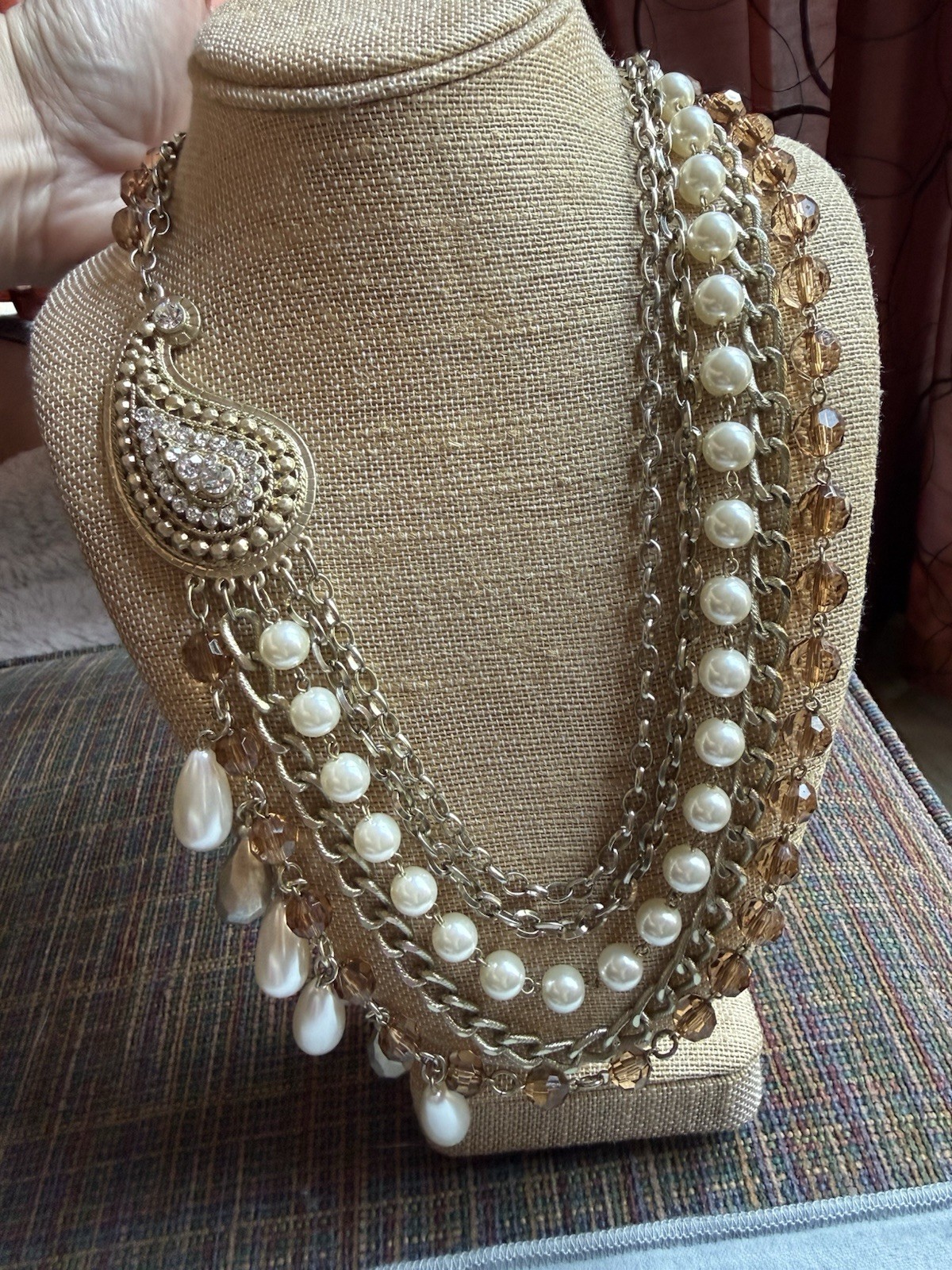 Banana Republic Multi-Strand Statement Necklace, Pearl Amber, Rhinestone Paisley