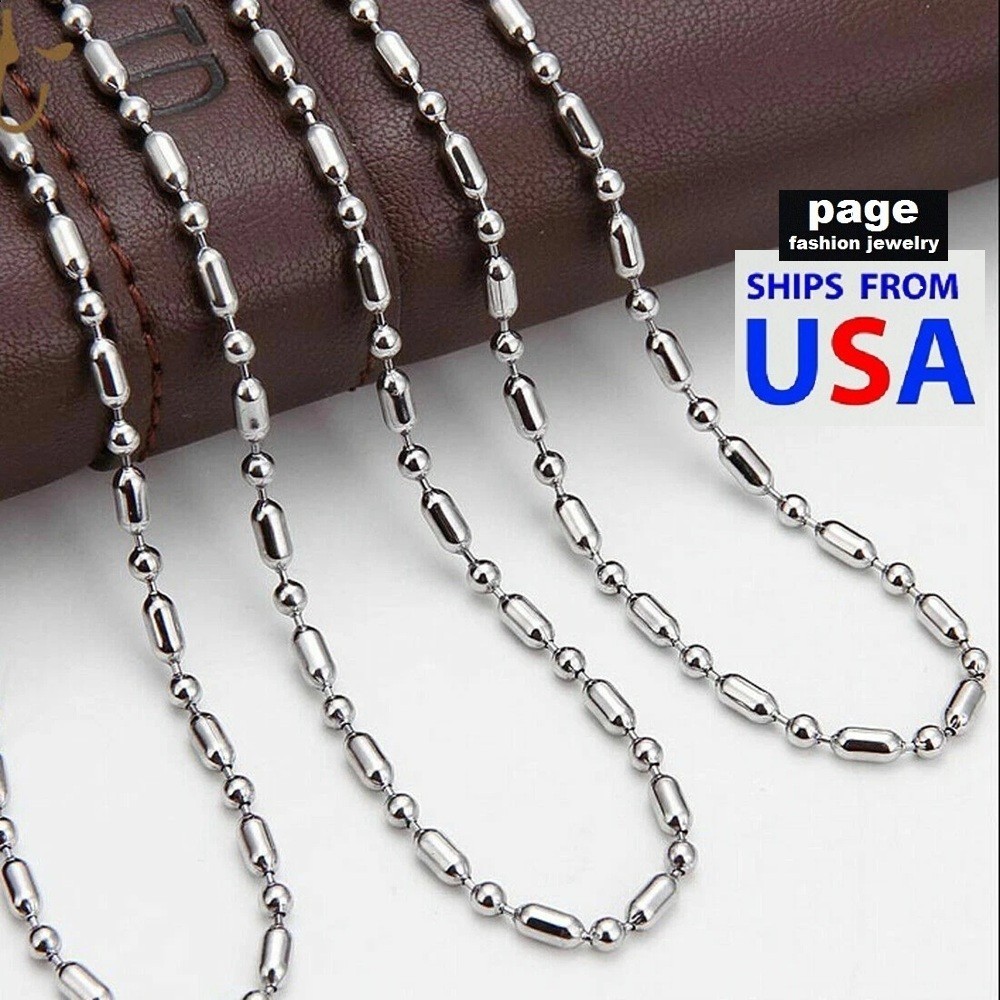 USA Seller Silver 316L Stainless Steel 30″ 2.4mm Oval Bamboo Bead Chain Necklace