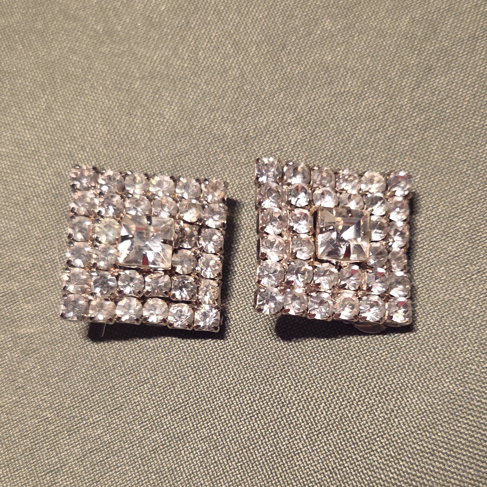 Square Clear Crystal Rhinestone Pavé Clip-On Stud Earrings Silver Tone Pair