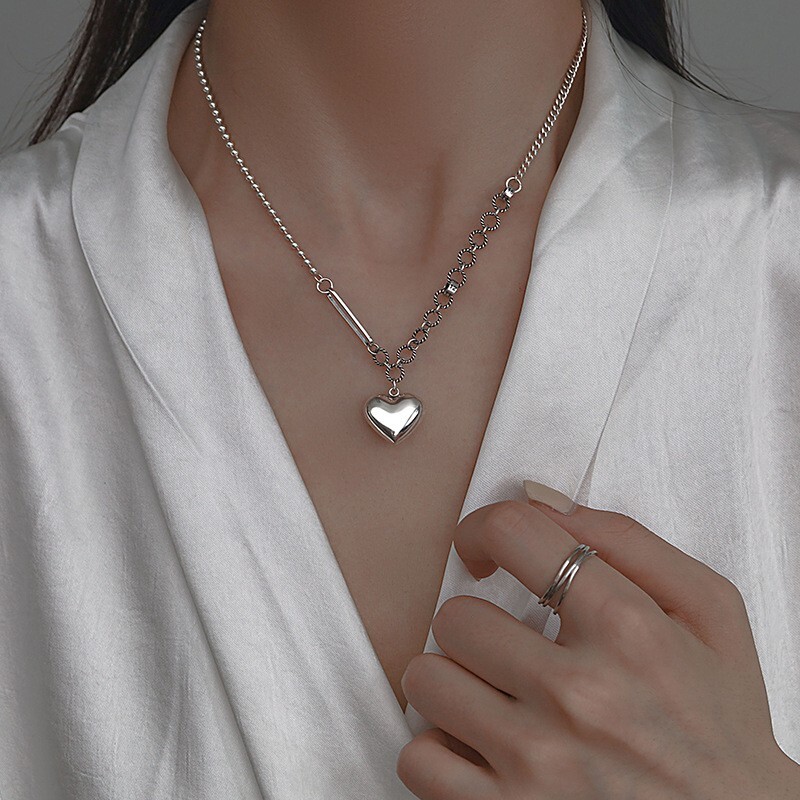 Vintage Handmade 925 Sterling Silver Love Heart Shaped Pendant Necklace