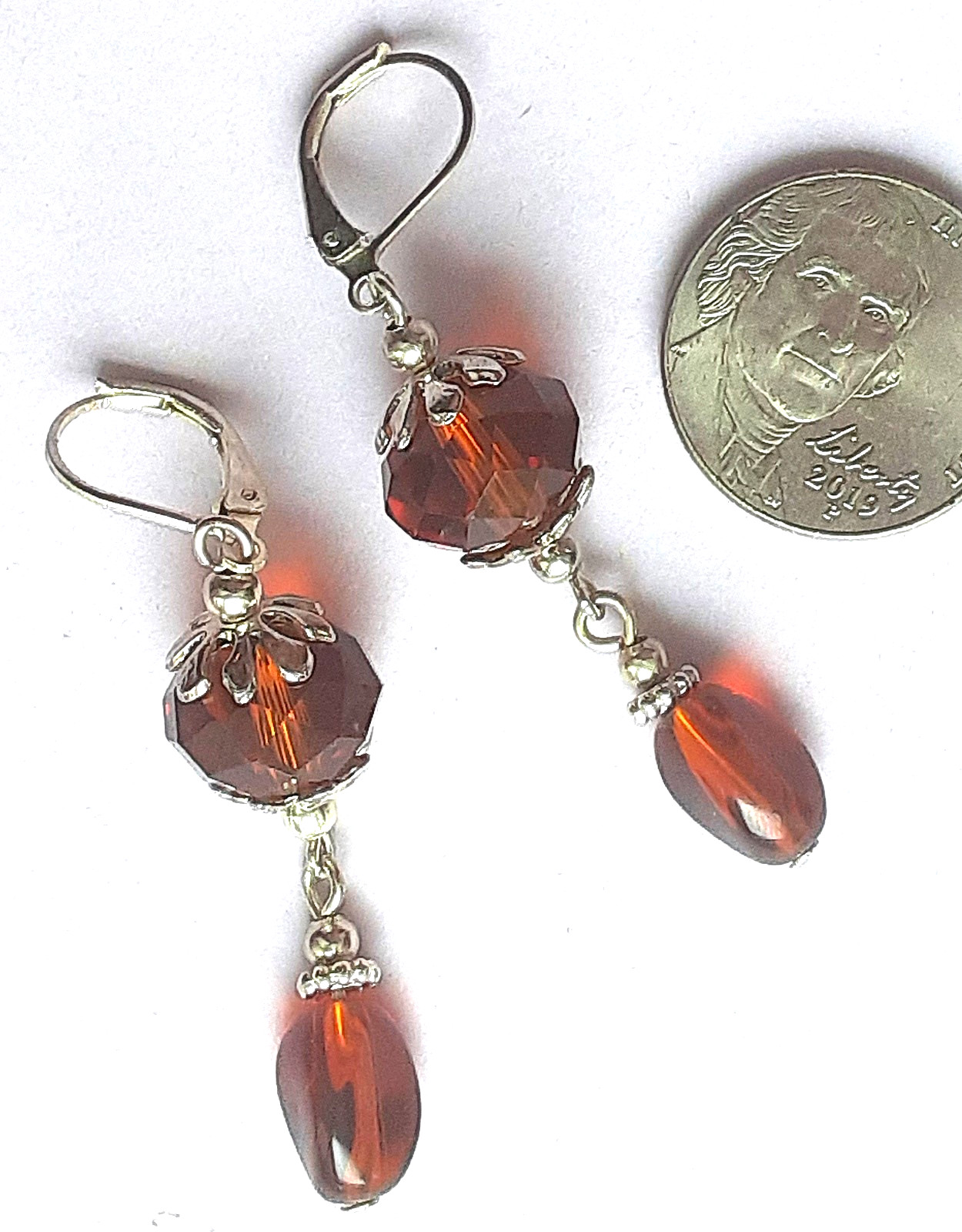 faceted dark TOPAZ color CRYSTAL dangle earring SP LEVER BACK handcrafted X2