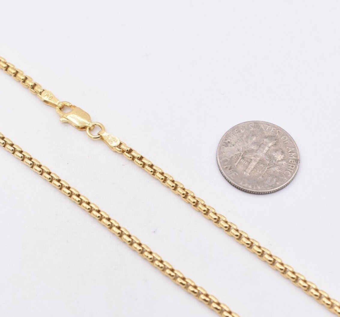 2.5mm Round Box Chain Necklace Real 14K Yellow Gold-Plated Sterling Silver 925