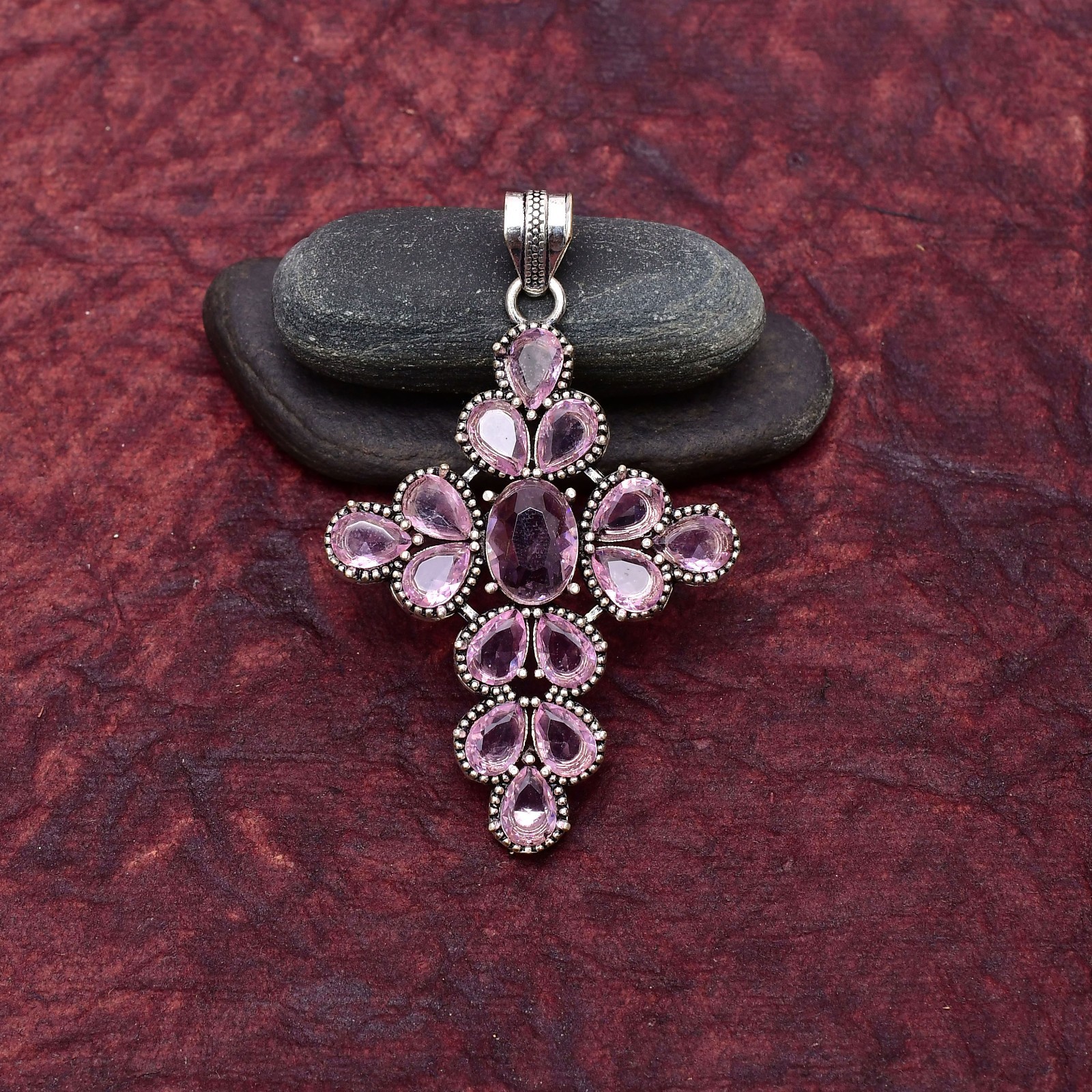 Pink Kunzite Gemstone 925 sterling silver Handmade Cross Pendant jewelry 2.75″