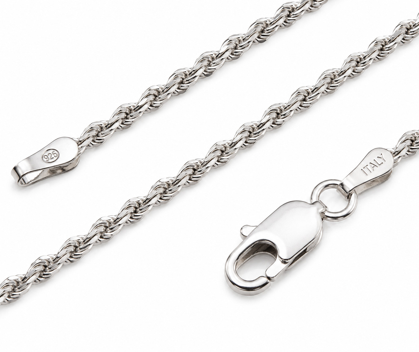 2.5MM Solid 925 Sterling Silver Italian DIAMOND CUT ROPE CHAIN Necklace Italy
