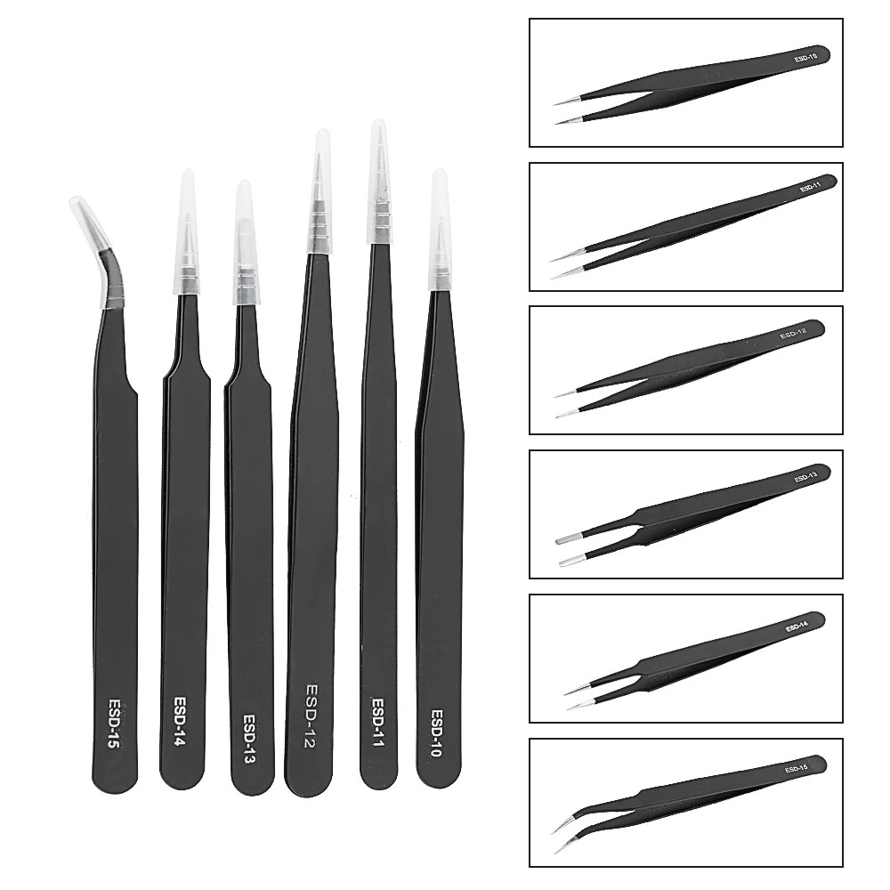 6 x ESD Precision Anti static Tweezers Set Stainless Steel Tool for Electronics