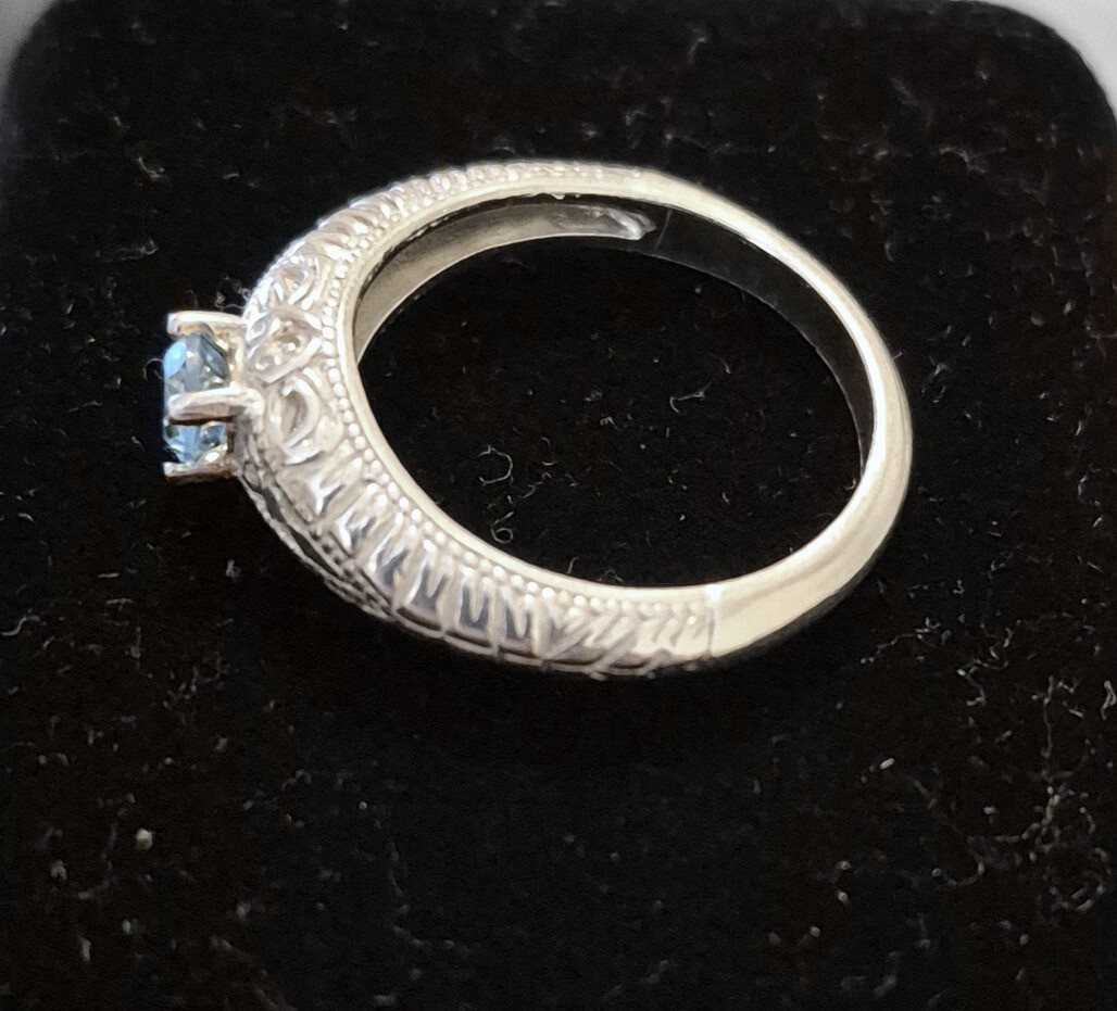 Blue Natural Topaz Ring Filigree Victorian, 925 Sterling Silver, Size 6.5