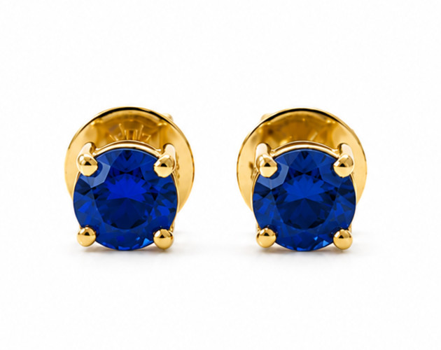 Lab Grown Blue Sapphire Stud Earrings in Yellow Gold Finish Classic Round Cut