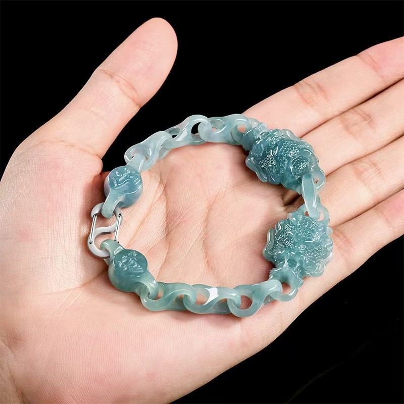 Real Grade A Natural Green Jade Jadeite Dragon Head Anchor Link Bracelet