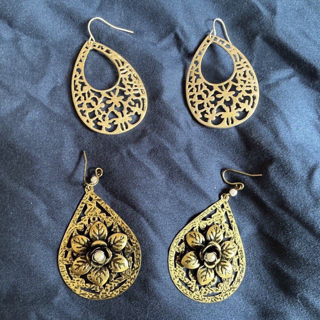 Gold Tone Teardrop Dangle Hook Earrings Lot 2 Pairs Filigree Floral
