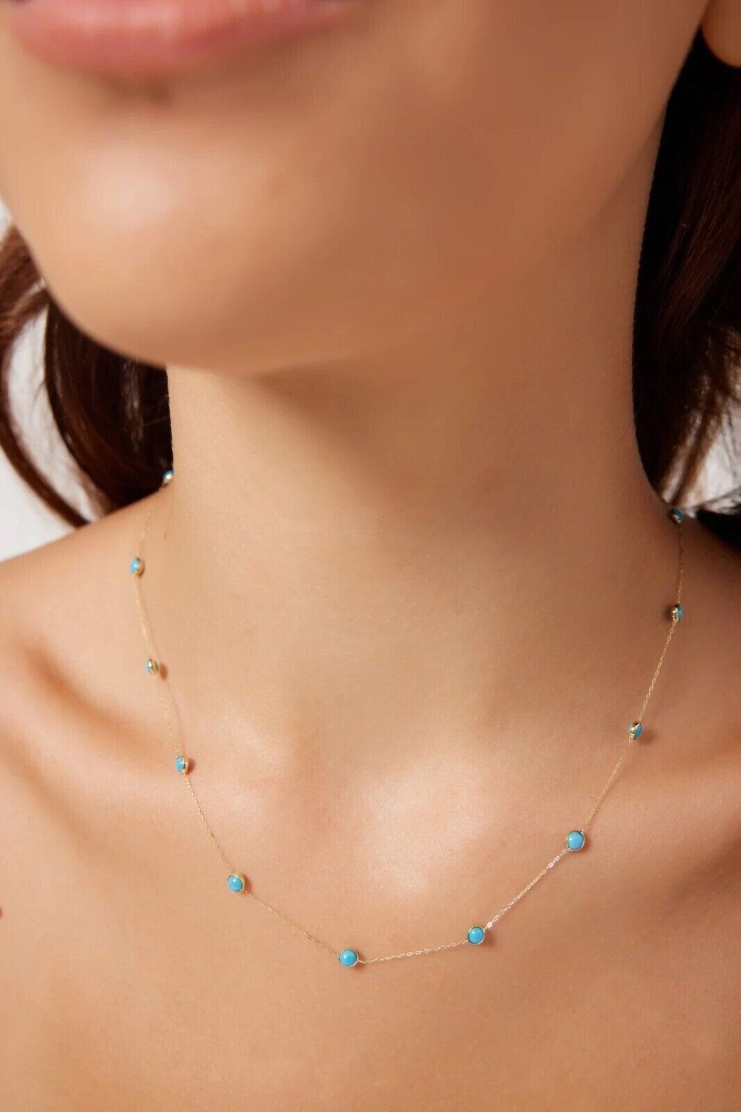 1Ct Lab-Created Turquoise Station Necklace Bezel Set in 14K Yellow Gold Finish