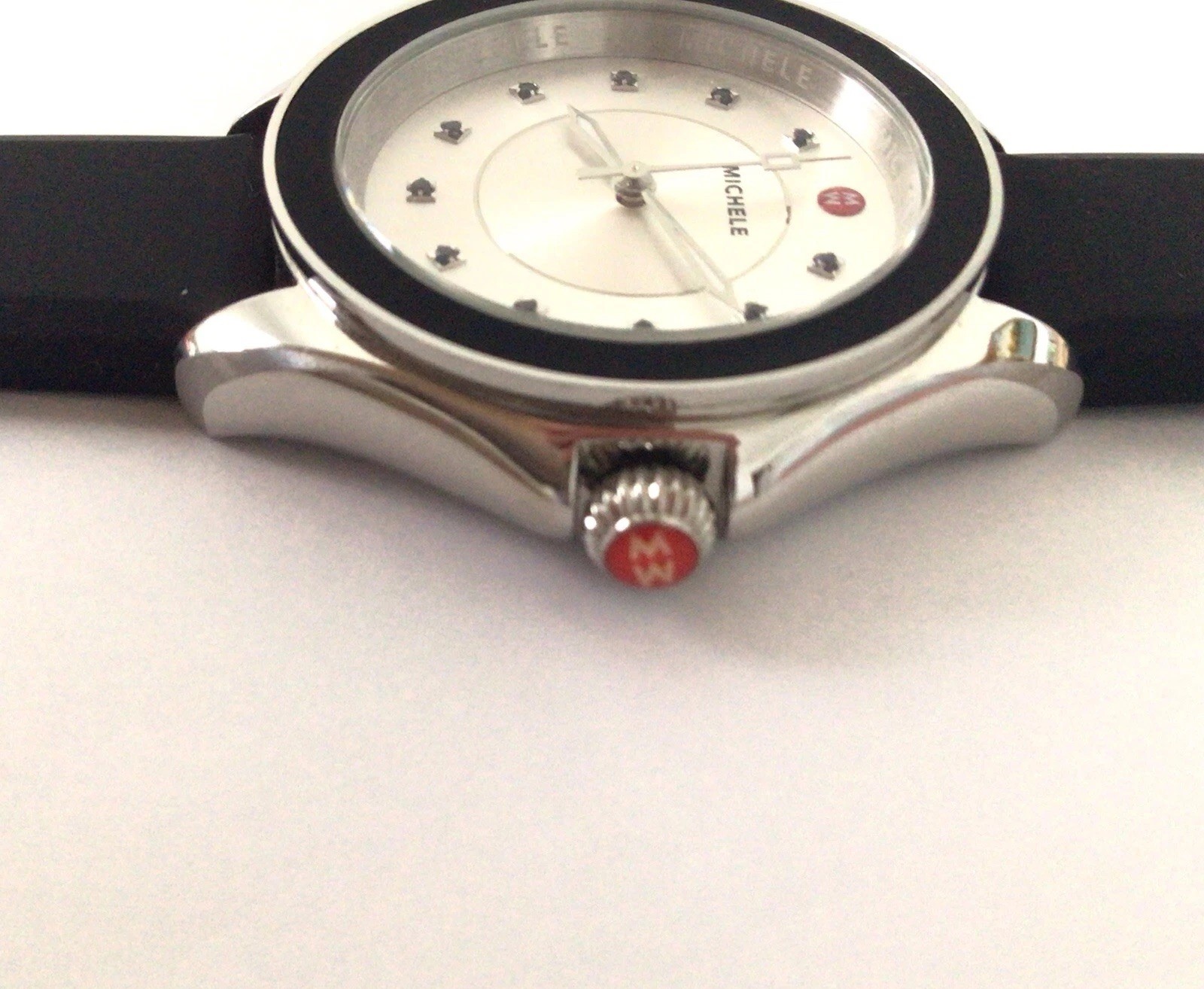 Michele Cape Diamond White Face Black Bezel Silicone Band Watch MWW27A000012