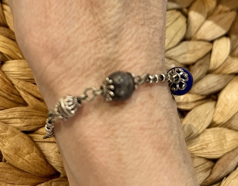 Vtg 3 Stone Sterling Plated Bracelet Lapis Lazuli Boho Victorian Revival 6.5in