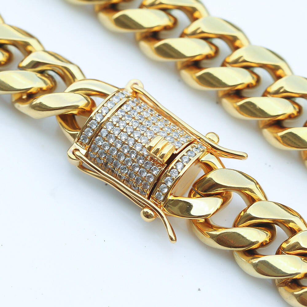 Miami Cuban Link Chain Bracelet Set For Men Solid 316L Stainless Steel 18K Gold