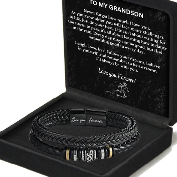 To My Grandson Leather Bracelet For Birthday Christmas Graduation Love You Gift