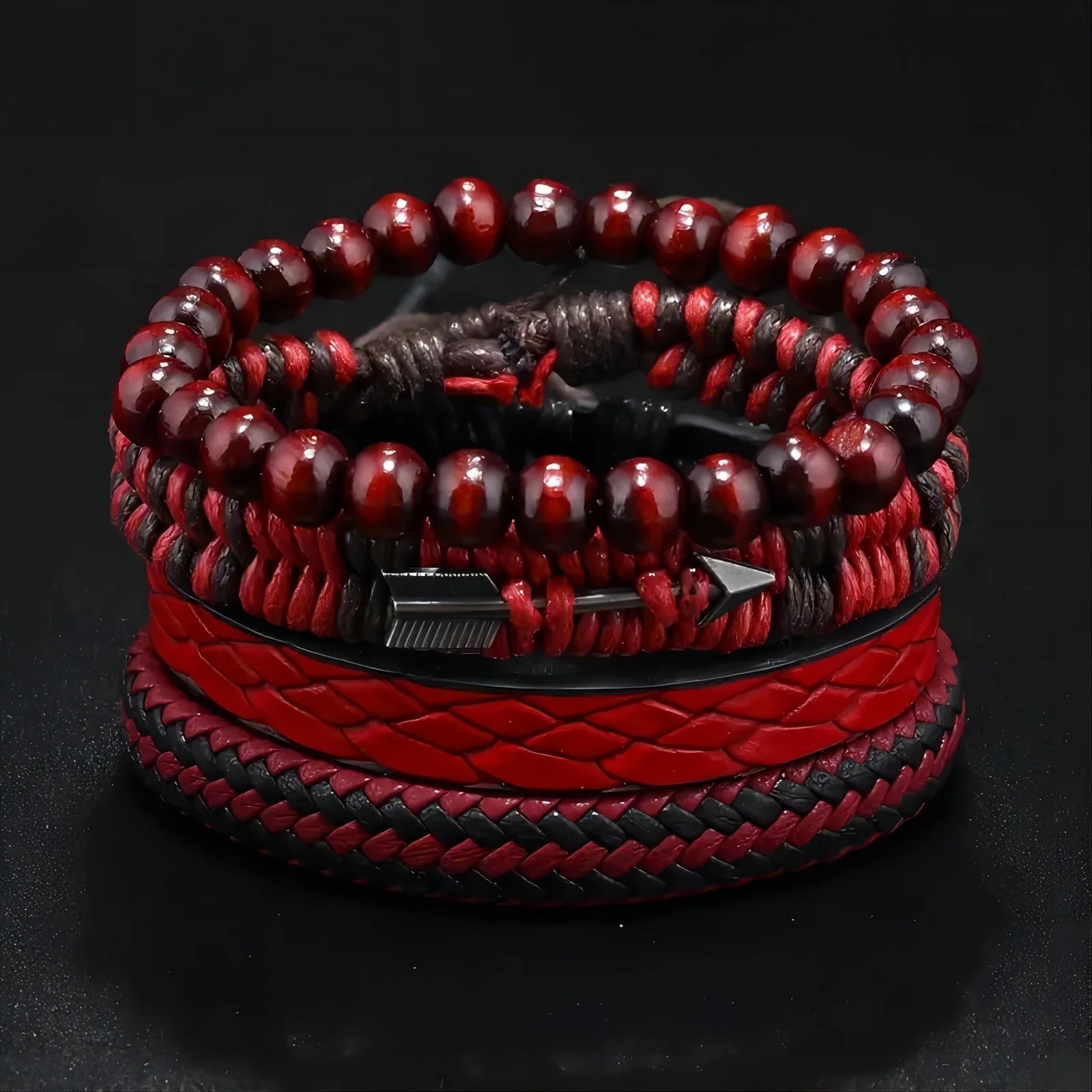 Men Vintage Leather Bracelet Cupid Arrow Wood Bead Hand Woven Retro Fashion