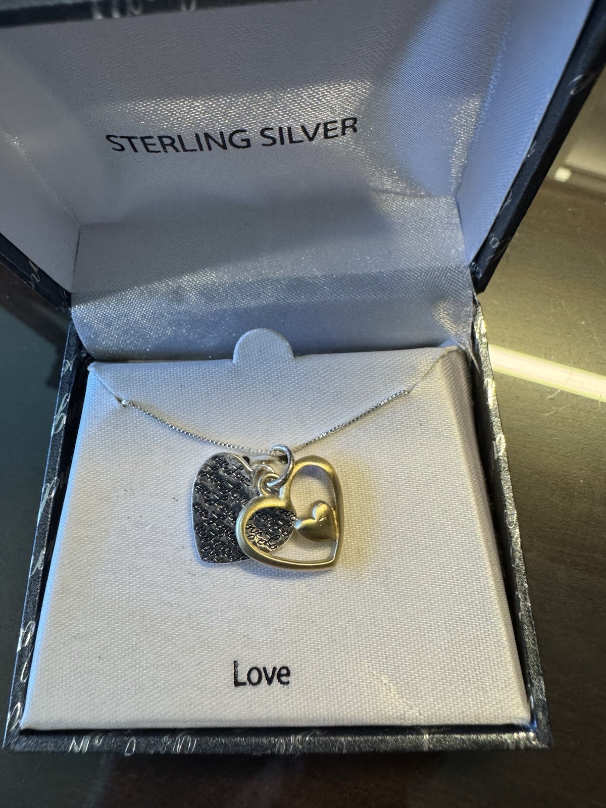 Kohl’s Sterling Silver Necklace LOVE 2 heart Charms BRAND NEW gold and silver