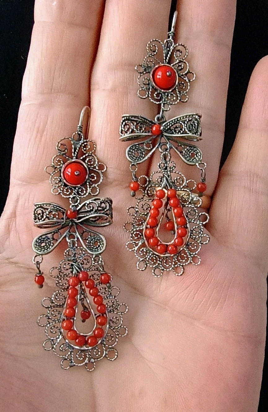 Taxco Oaxacan Filigree Bows Coral & 925 Sterling Frida Kahlo Wedding Earrings