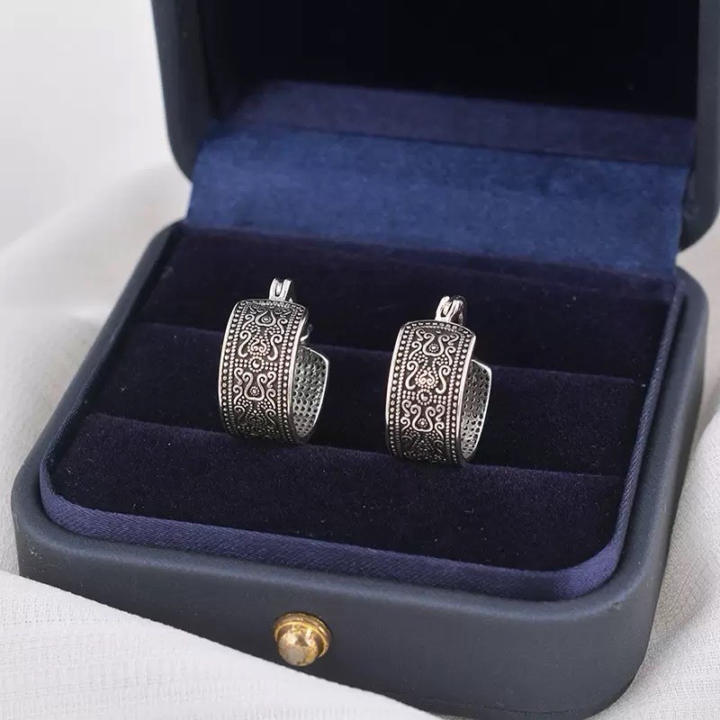 925 Silver Vintage Hoop Earrings Retro Engraved Wide Huggie Hoop Earrings A26