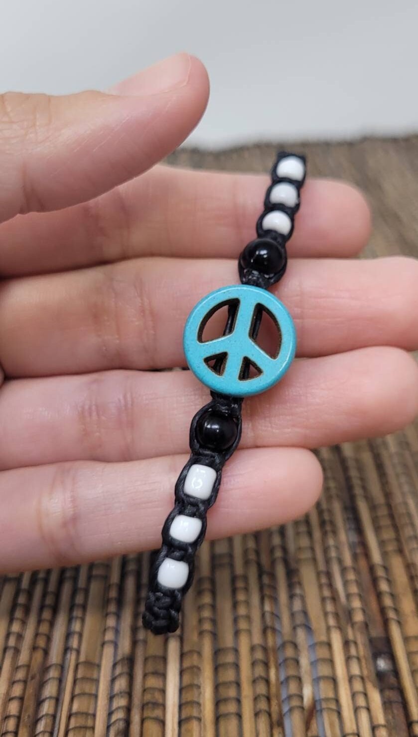 Peace Bracelet Adjustable Black Cord Turquoise Howlite Charm Handmade Unisex