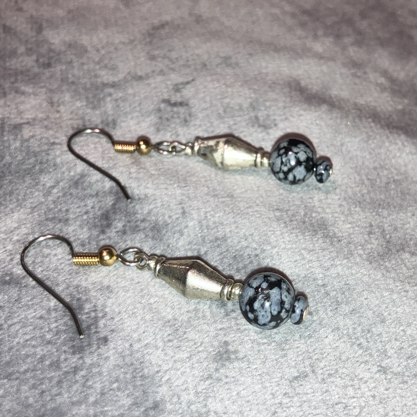 Silver Tone Beaded Dangle Drop Hook Earrings Black Gray Round Bead Stone