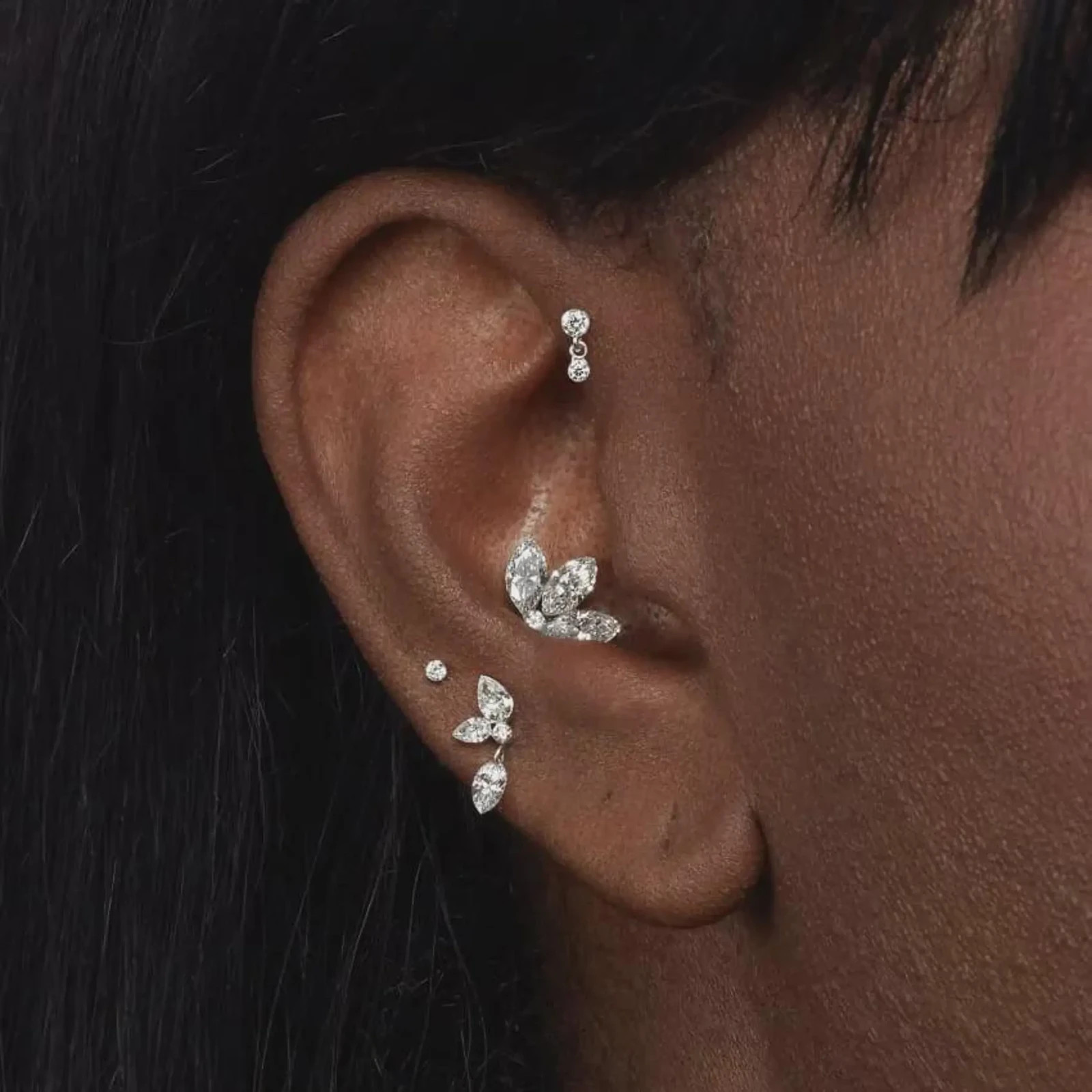 Floating Marquise Moissanite Helix Stud 925 Sterling Silver Flat Back