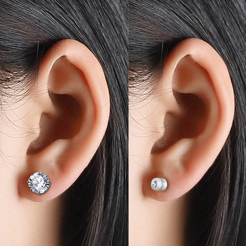 2Pair Silver Stainless Steel Round CZ Earrings Screw Back Ear Stud for Men Women