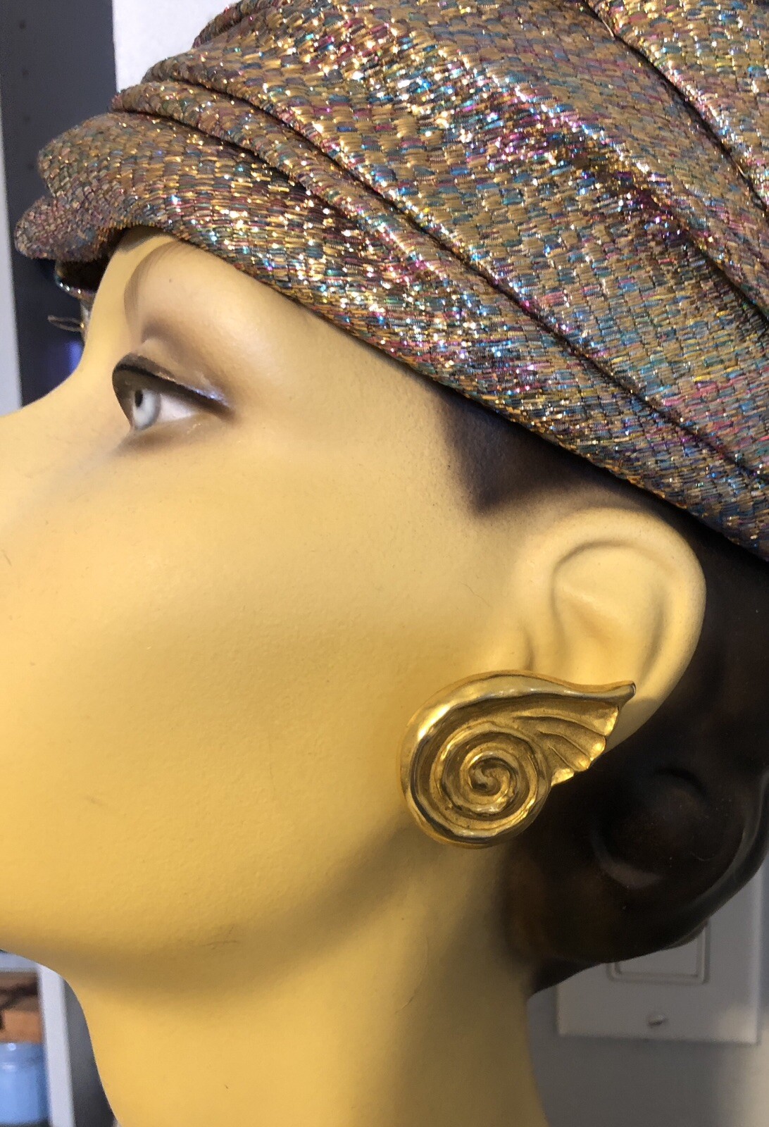Vintage JADED Jewels NYC Ancient Shell Stylized Swirl & Wing Clip EARRINGS,fjt