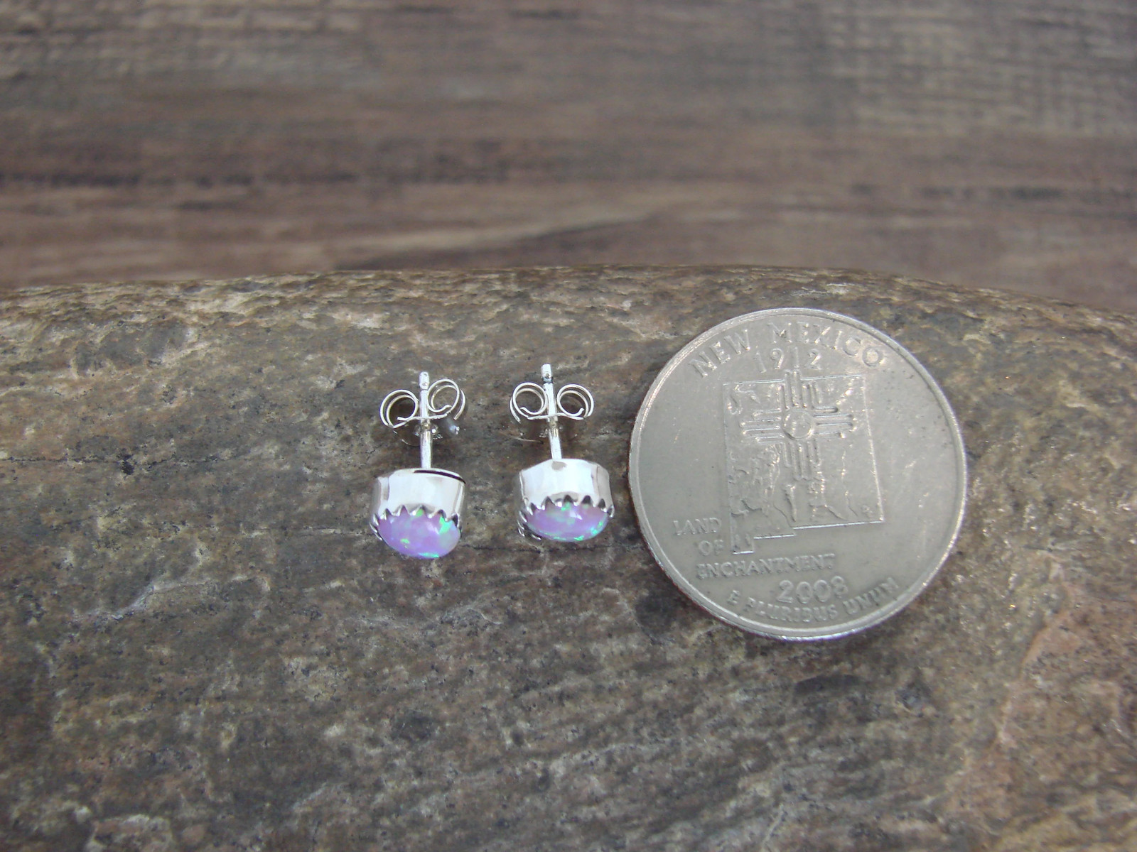 Native American Sterling Silver 1/4″ Round Pink Opal Post Earrings by Martinez