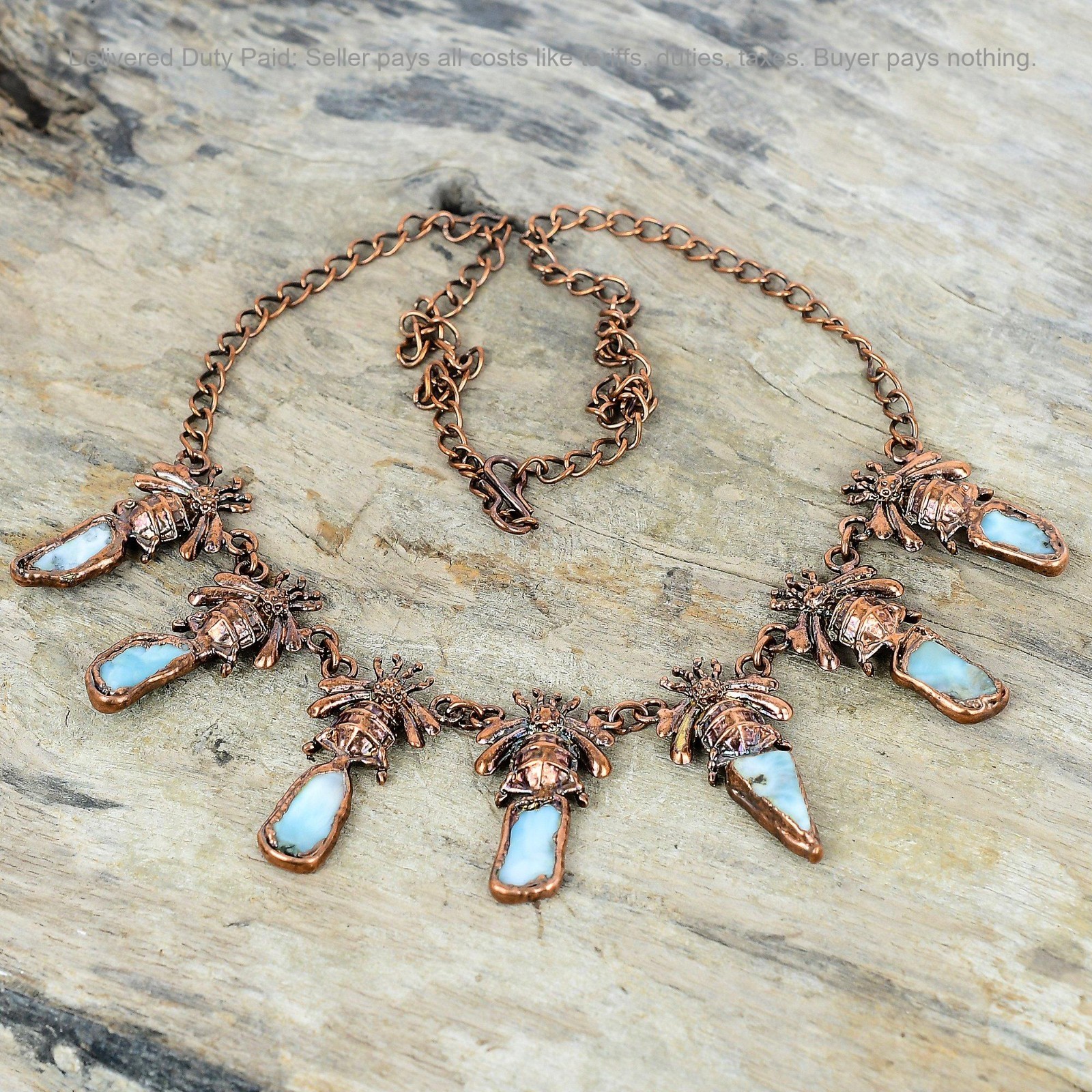 Natural Larimar Rough Wedding Electroformed And Honey Bee Chain Necklace Copper