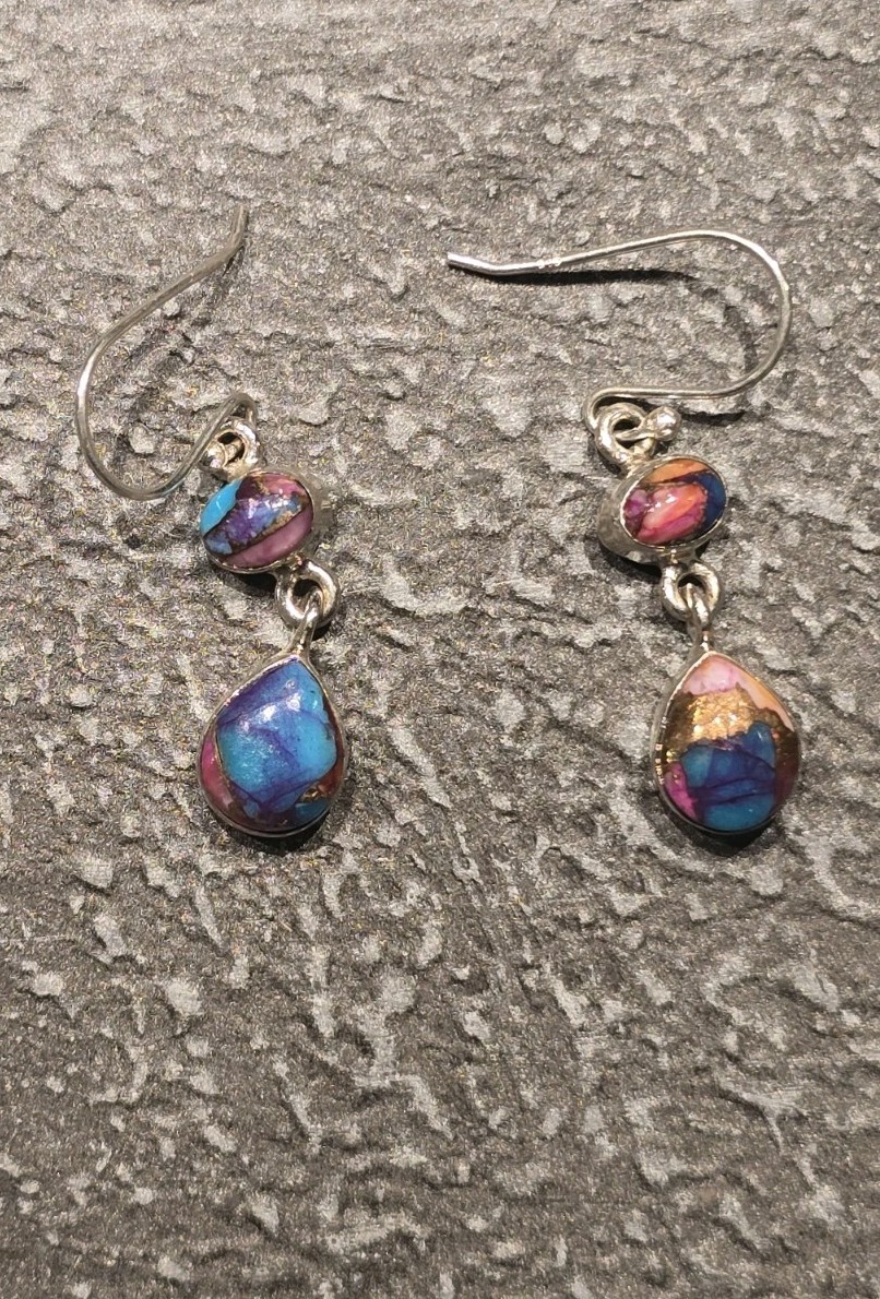 Silver Tone Teardrop Multicolor Bezel Dangle/Drop Hook Earrings