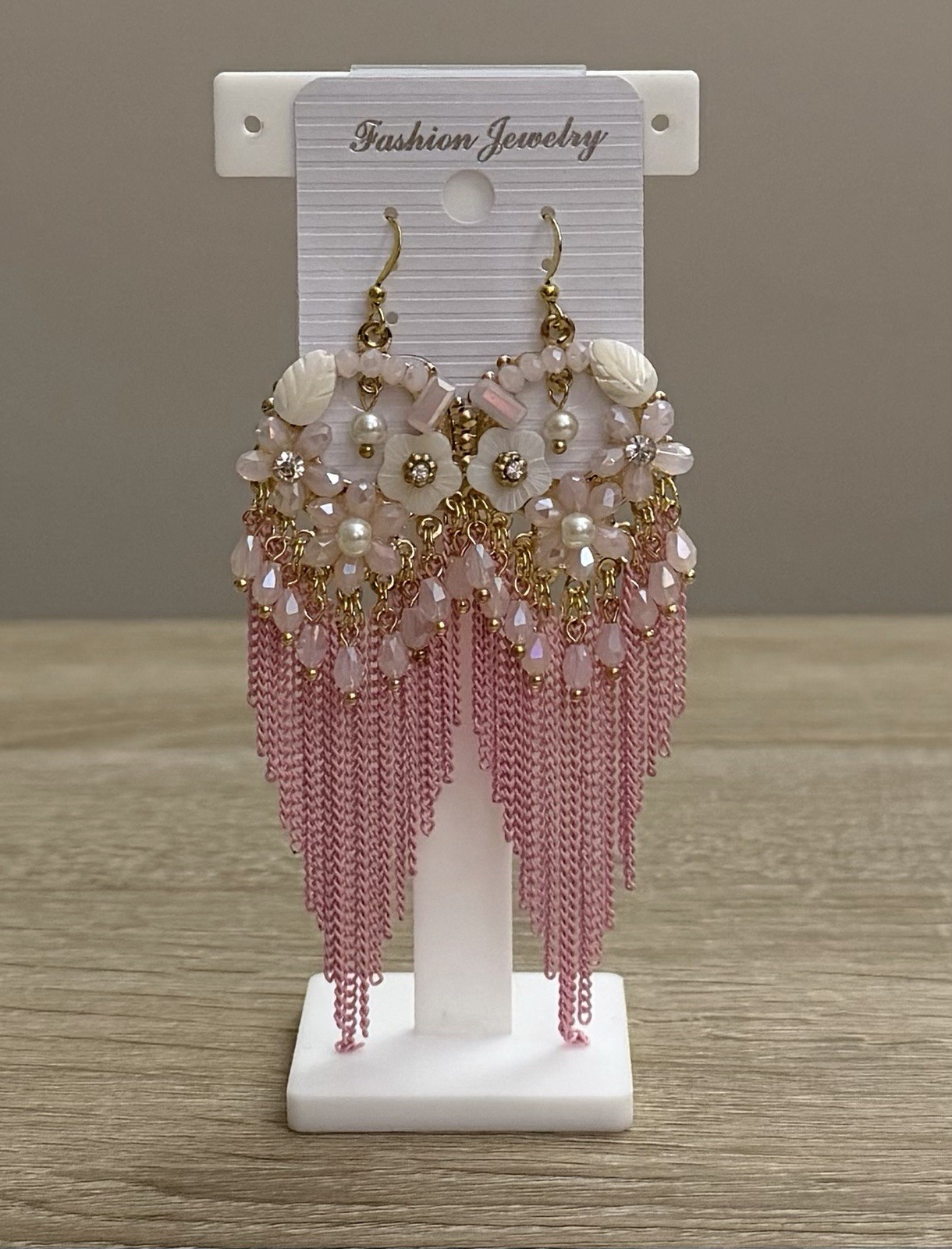 Pink Floral Tassel, Boho Statement Dangle Earrings Beaded Fringe Gold Tone New