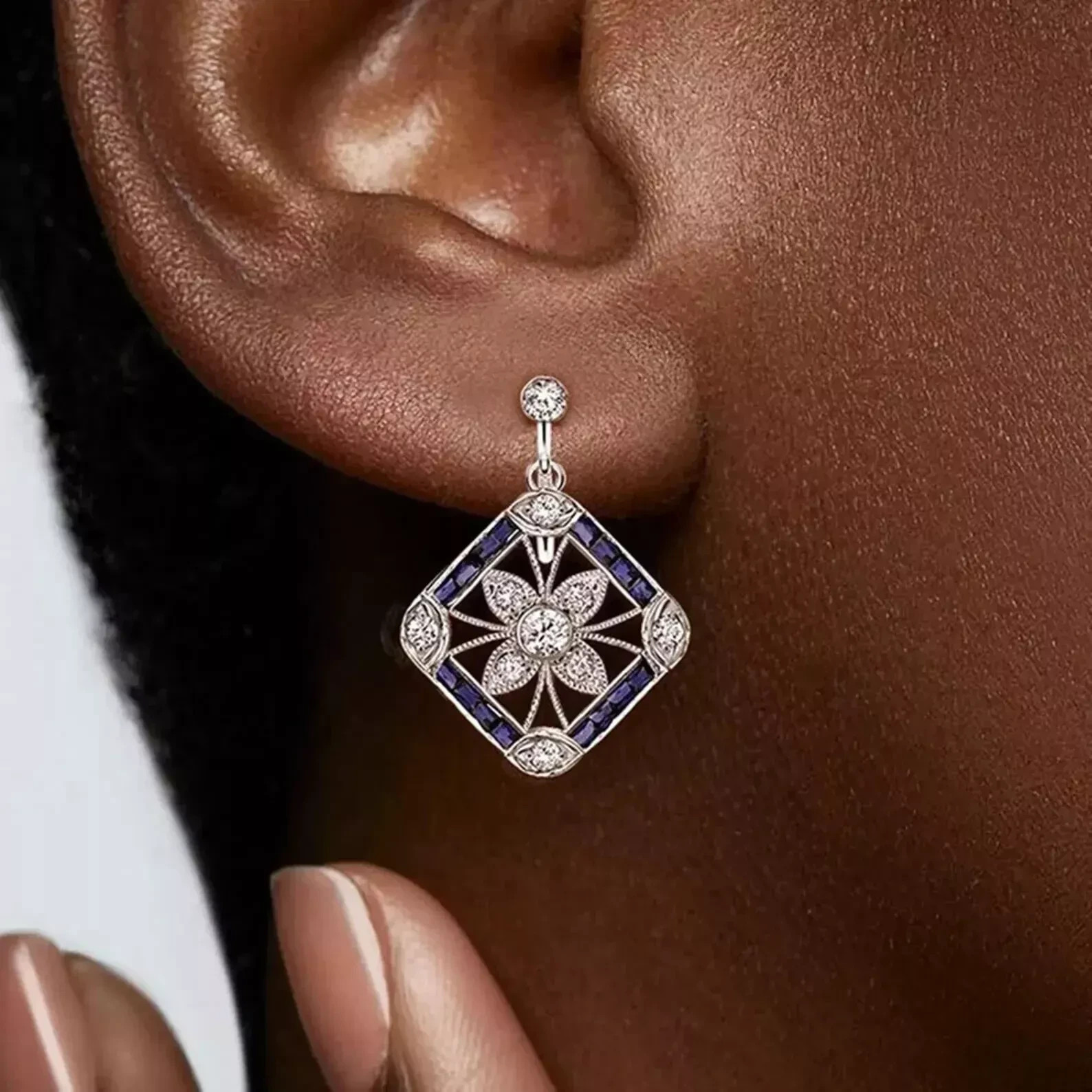 Art Deco Style Lab Created Diamond Blue Sapphire 14k White Gold FN Earrings