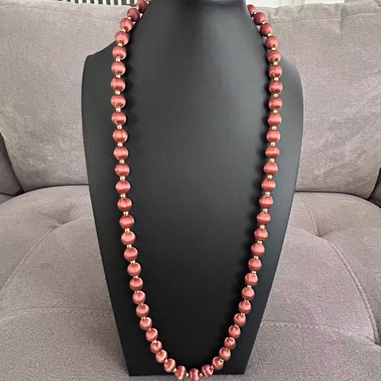 Vintage Burgundy Silk Satin Thread Wrapped Bead Single Strand Necklace 30″