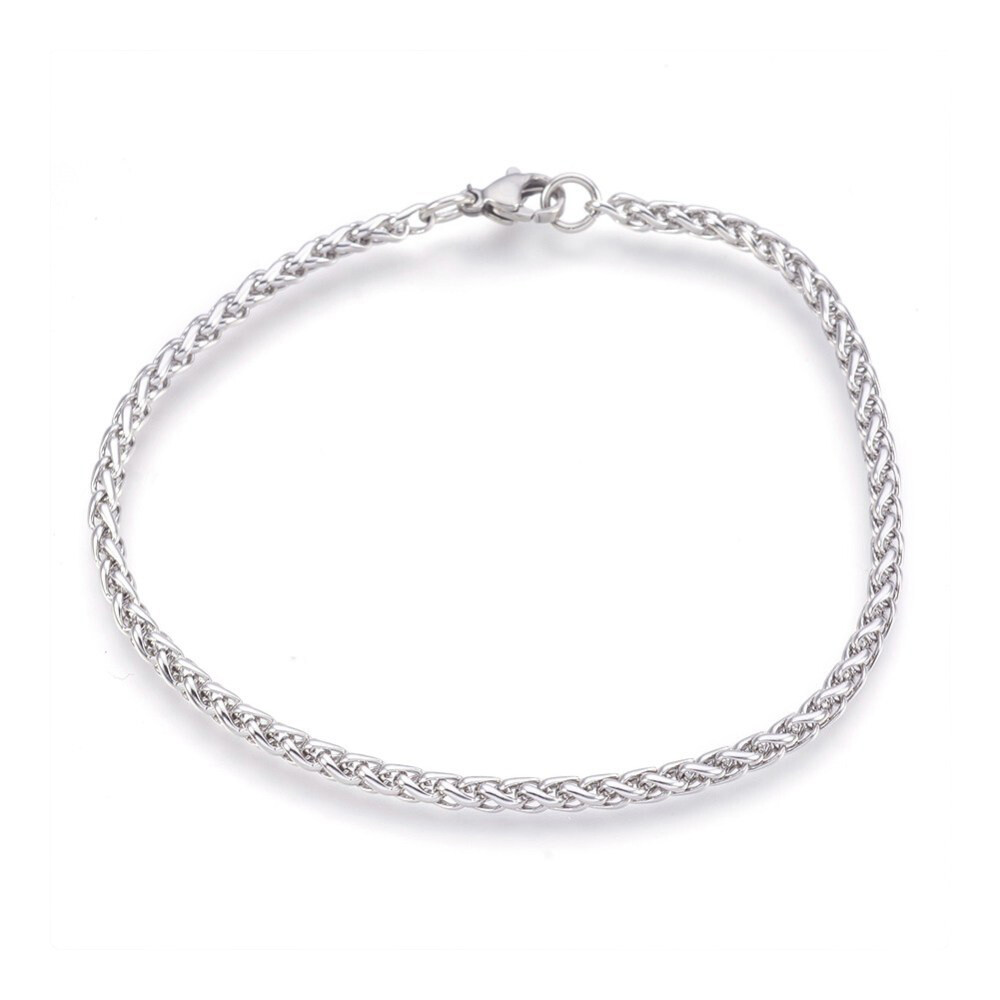 304 Stainless Steel Wheat Chain Bracelet Lobster Silver Color 7.8″ 3mm  A115